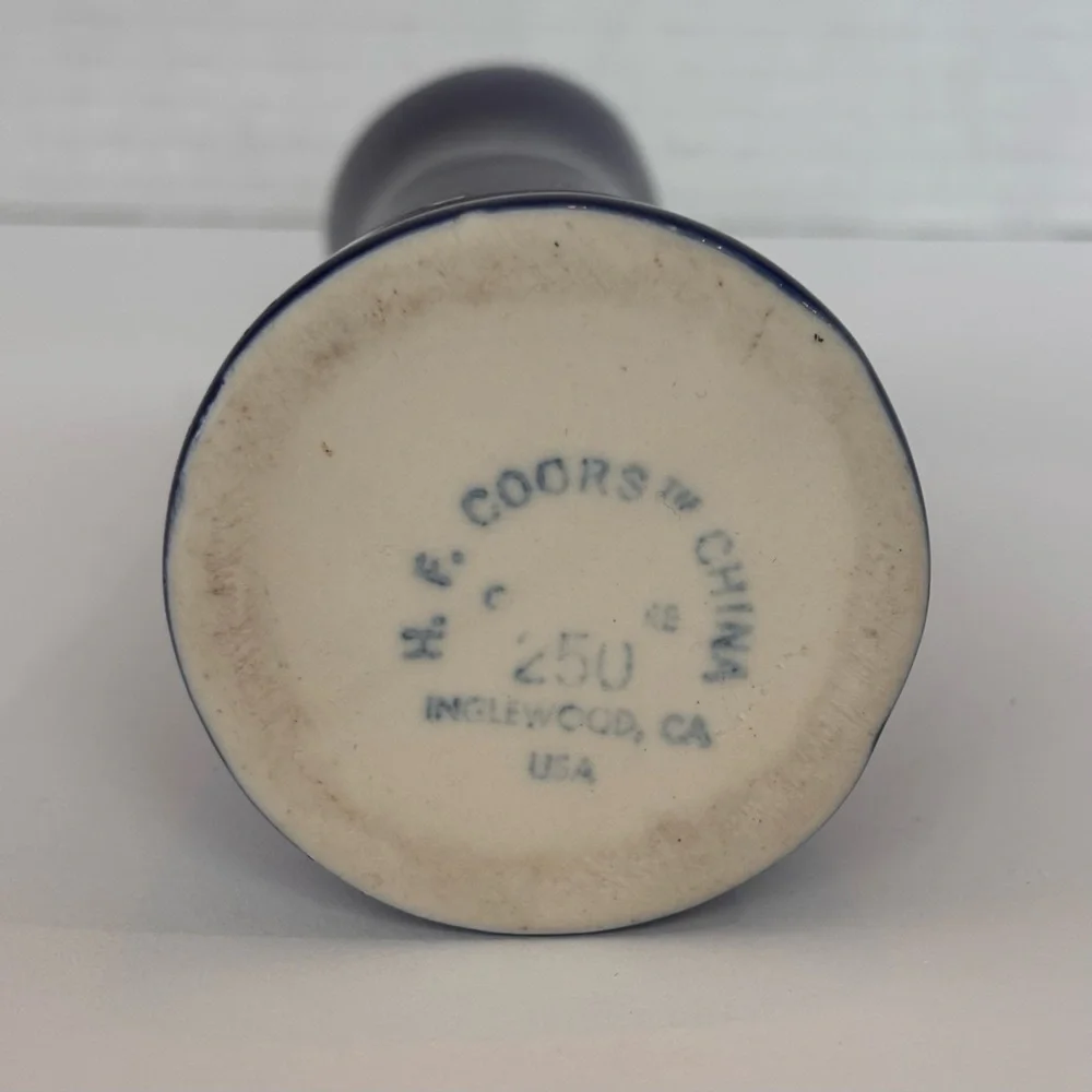 Vtg H F Coors China Restaurant Ware 250 Bud Vase Navy Blue & White 6.5” USA